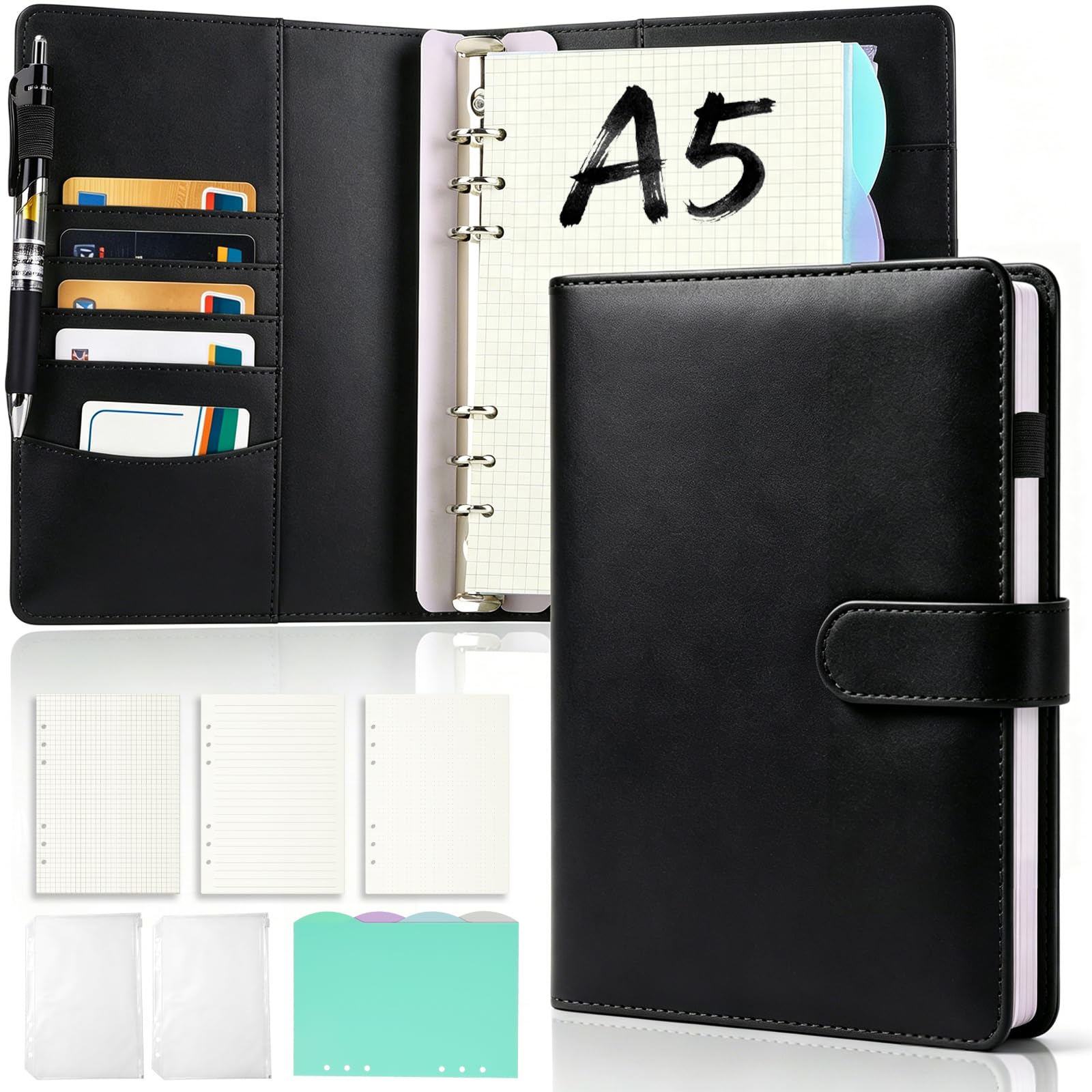 mawmuaw A5 Ring Binder Notebook 6 Ring PU Leather Planner(Black)