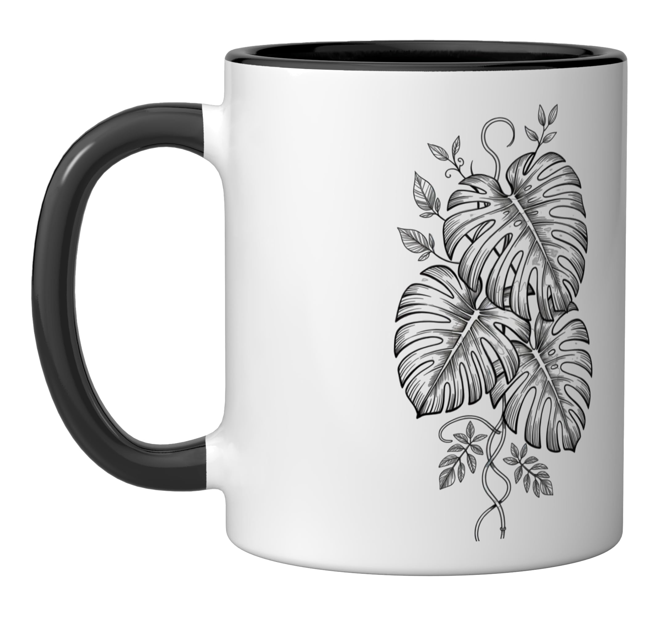 Monstera Botanical Line Art Shirt Minimalist Tropical Leaf Ceramic Mug, Black/White