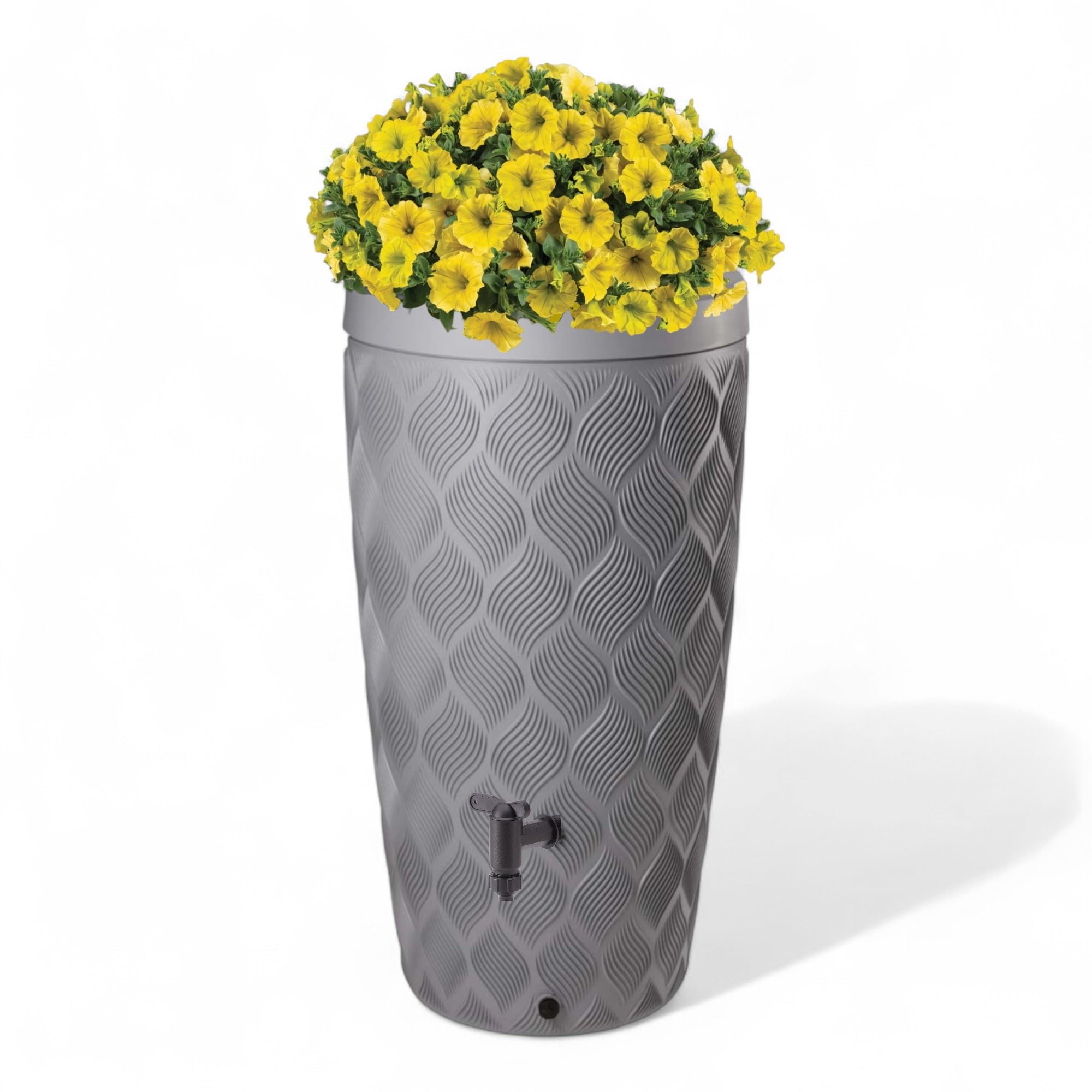 Designerski zbiornik na wodę deszczową 240 l, platyna, możliwość sadzenia, wysokość 112 cm, w zestawie zestaw przyłączeniowy do rury spustowej, zbiornik na wodę do ogrodu, pojemnik na deszczówkę