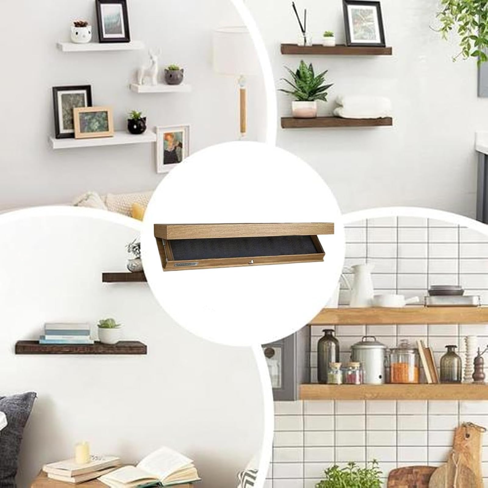 Moderno scaffale sospeso con cassetto segreto, elegante soluzione di archiviazione nascosta, mensola da parete in legno per soggiorno, camera da letto, ufficio, rifugio segreto bianco.