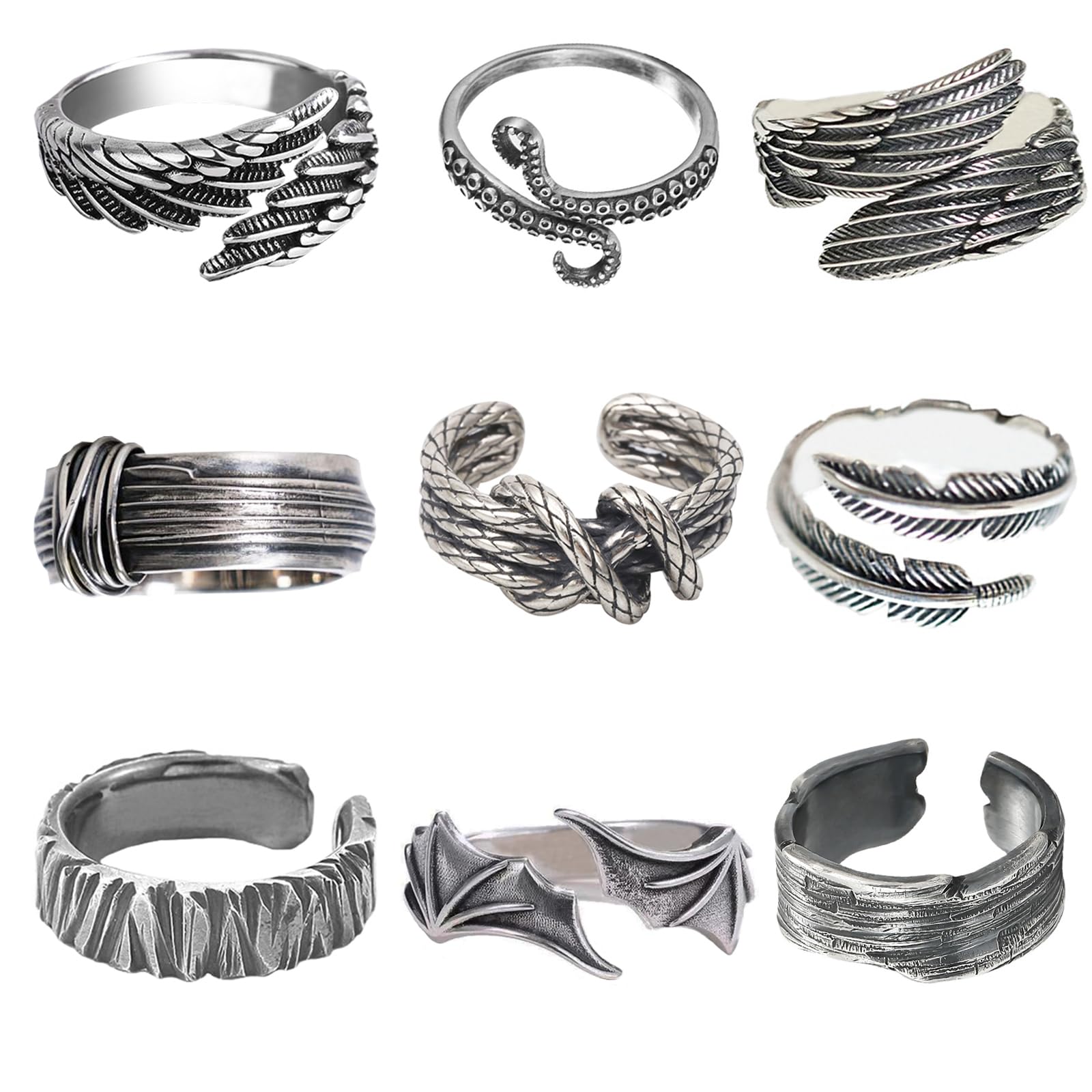 VELESAY 9 Pezzi Uomo Anello Vintage Gotico Antico Anello Rock Biker Punk Anello Angelo Set Anello Uomo