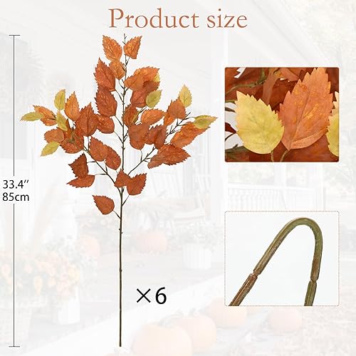 Miniatura 6 de Tallo de hojas de abedul artificiales de otoño, 6 piezas de tallos largos de vegetación de otoño de 33.4 pulgadas de alto, plantas falsas con ramas