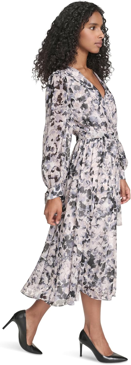 Calvin Klein Womens Long Balloon Sleeve V-Neck Chiffon Fit & Flare Midi Dress - Image 2