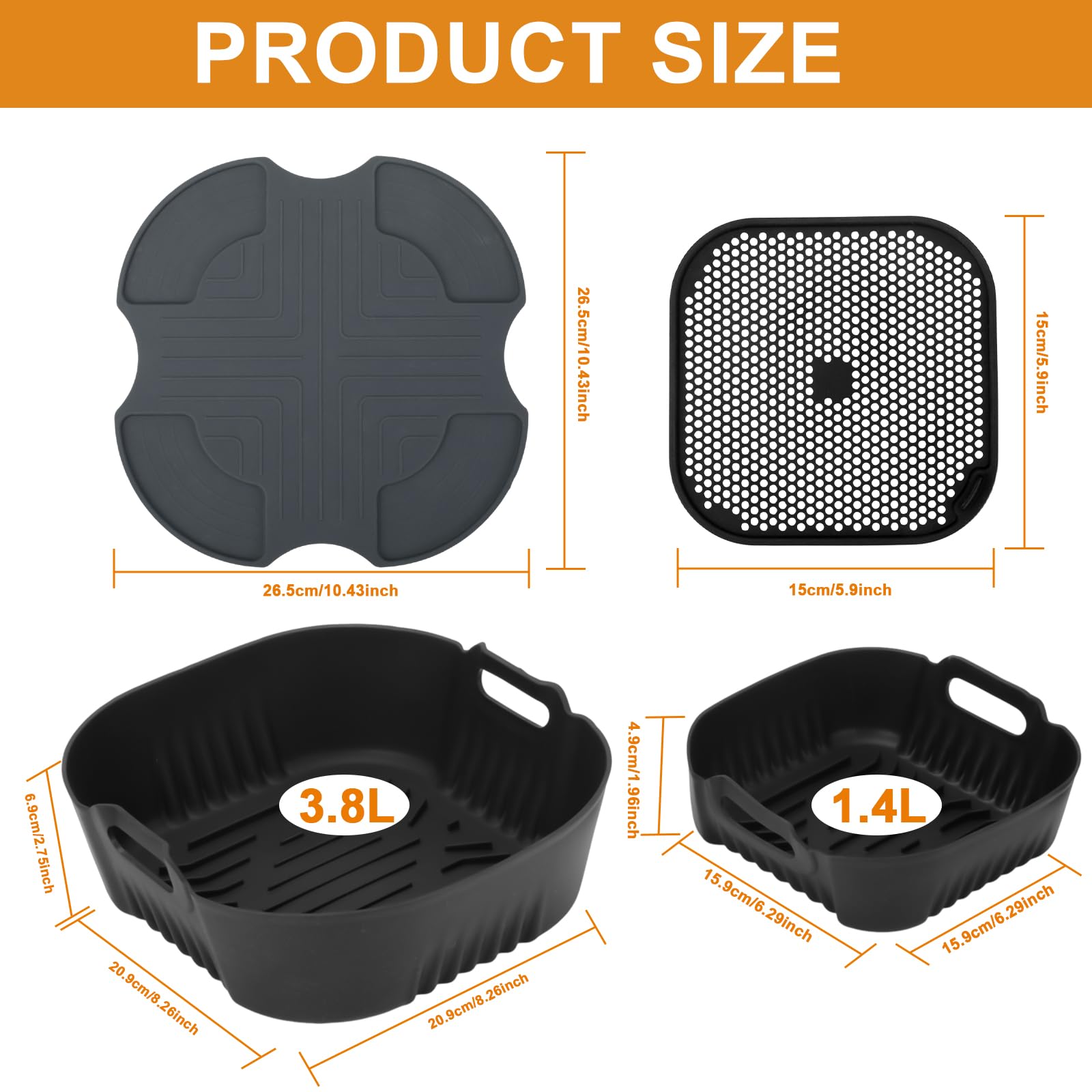 VINATO Set de Accesorios para Ninja Crispi, 4 Piezas Accesorios para Air Fryer, con Láminas de Silicona (3.8L & 1.4L), Tapa Antigrasa y Base Protectora, Compatible con FN101