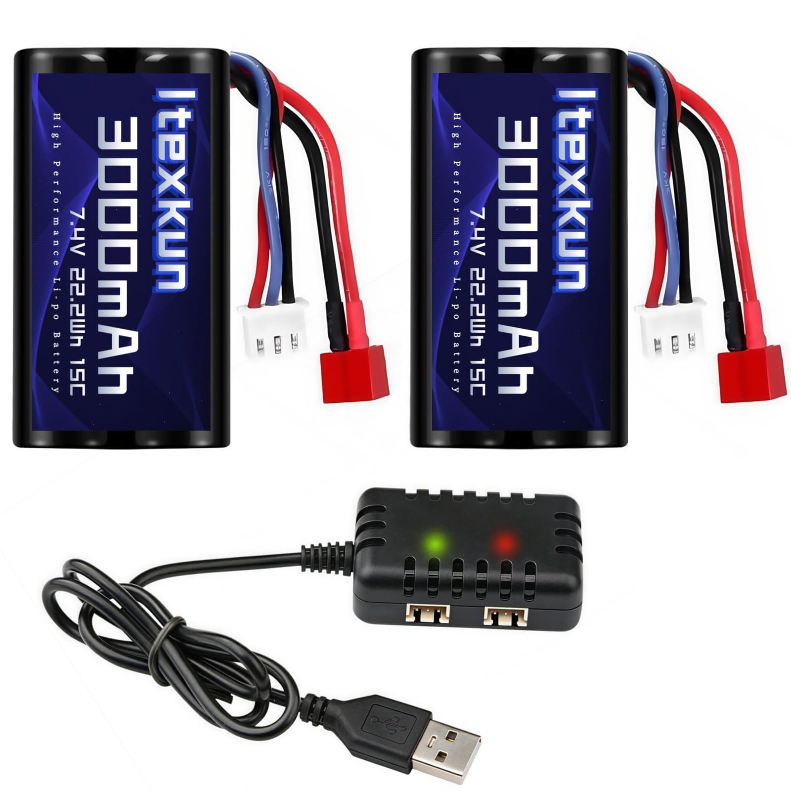 Photo 1 of Itexkun 7.4V Li-ion Battery 3000mAh T Plug 15C 2S Rechargeable RC Battery Fit for WLtoys 12428 104009 DEERC 9005E 9201E 9206E 9003E 003E H16R RC Truck Car with 2s Battery Charger