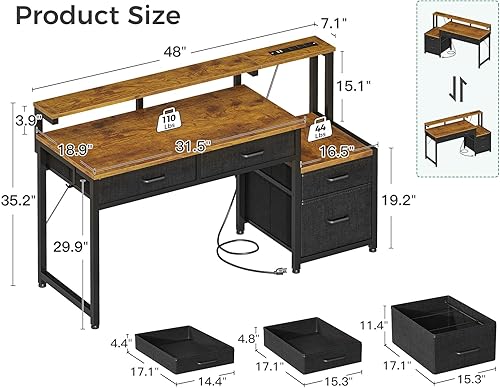 Miniatura 3 de AODK Escritorio para computadora con 4 cajones, escritorio de oficina de 48 pulgadas con toma de corriente, escritorio de oficina en casa con