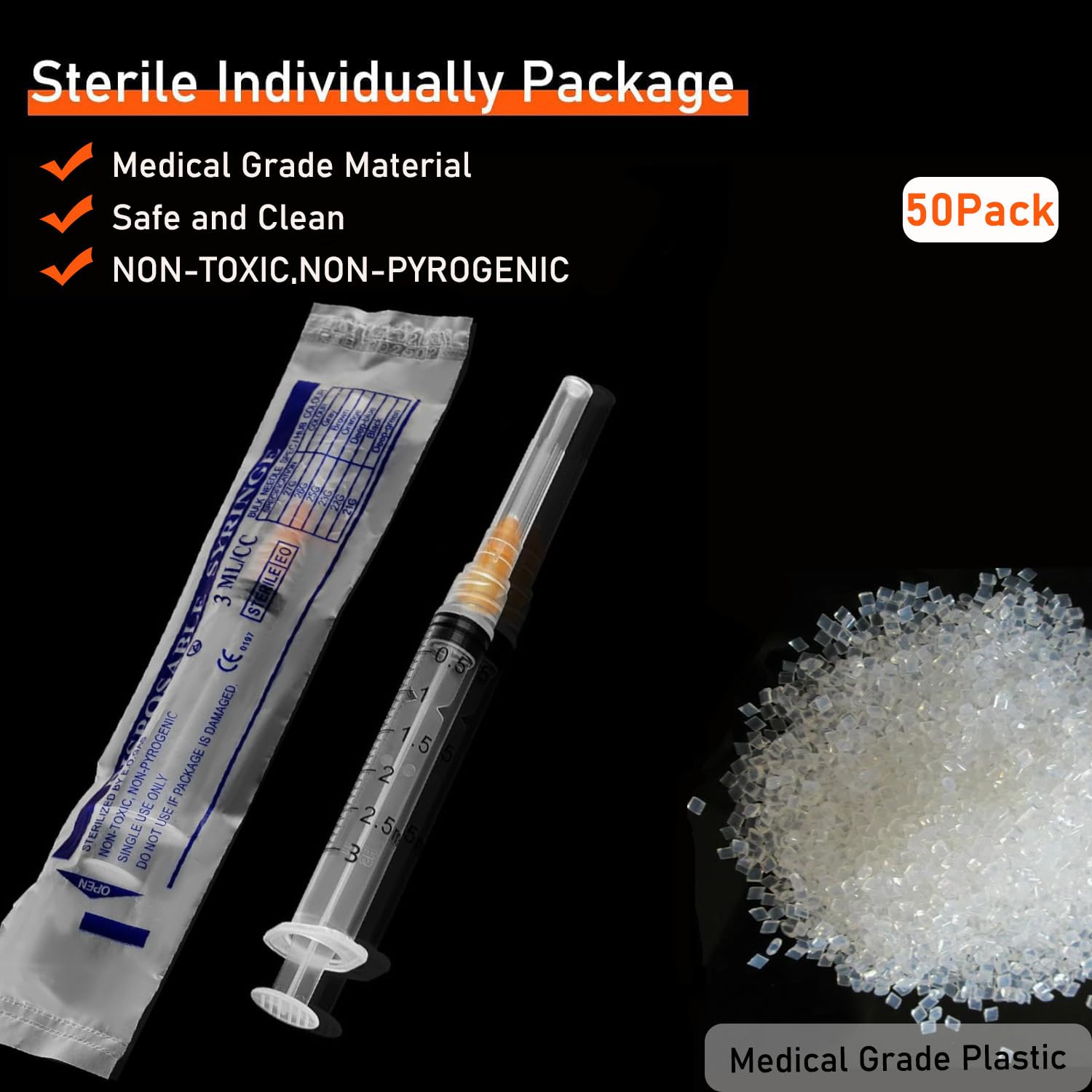 50 Pack 3ml/cc Disposable Luer Lock Lab Syringes with 25Ga 1.0 Inch Needle — Amazon image 5