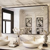 Vista 15 de ISKM Espejo con marco negro para pared de 20 x 16 pulgadas, espejo de tocador de baño antioxidante, vidrio templado, espejo rectangular redondeado