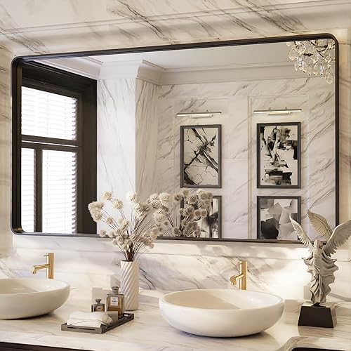 Miniatura 1 de ISKM Espejo de baño para pared de 55 x 30 pulgadas, color negro mate, espejo de tocador de baño, granja, antioxidante, vidrio templado, se cuelga