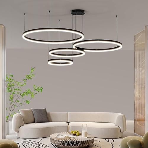 Miniatura 9 de Lámpara colgante LED moderna con altura ajustable 3000k-6000k, lámpara de araña de techo alto suspendida para comedor