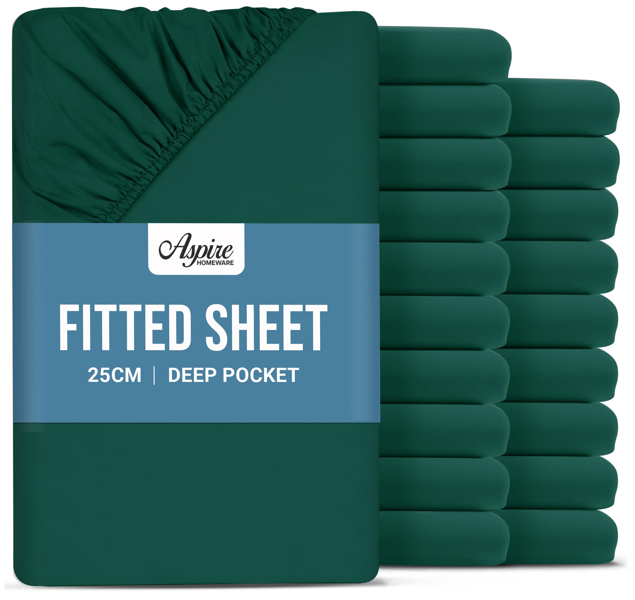 Aspire Homeware Double Fitted Sheet 20 Pack - 25 cm Deep Hotel Quality (Emerald) Bed Sheets - Soft & Breathable Fitted Bed Sheets Double - Anti-Wrinkle Easy Care Fitted Sheets