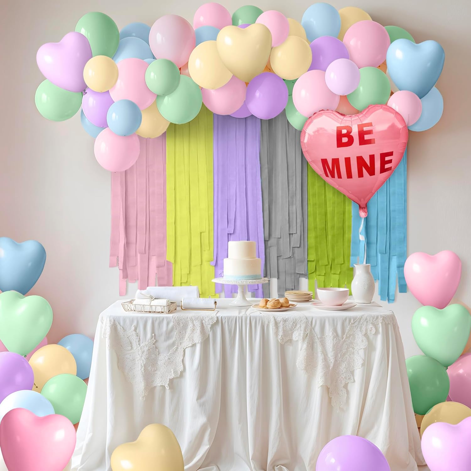 KatchOn, Valentines Day Conversation Hearts Decorations - Huge, Pack of 69 | Be Mine Heart Balloons 18 Inch, Pastel Crepe Paper Streamers for Valentines Decorations | Valentines Day Decorations
