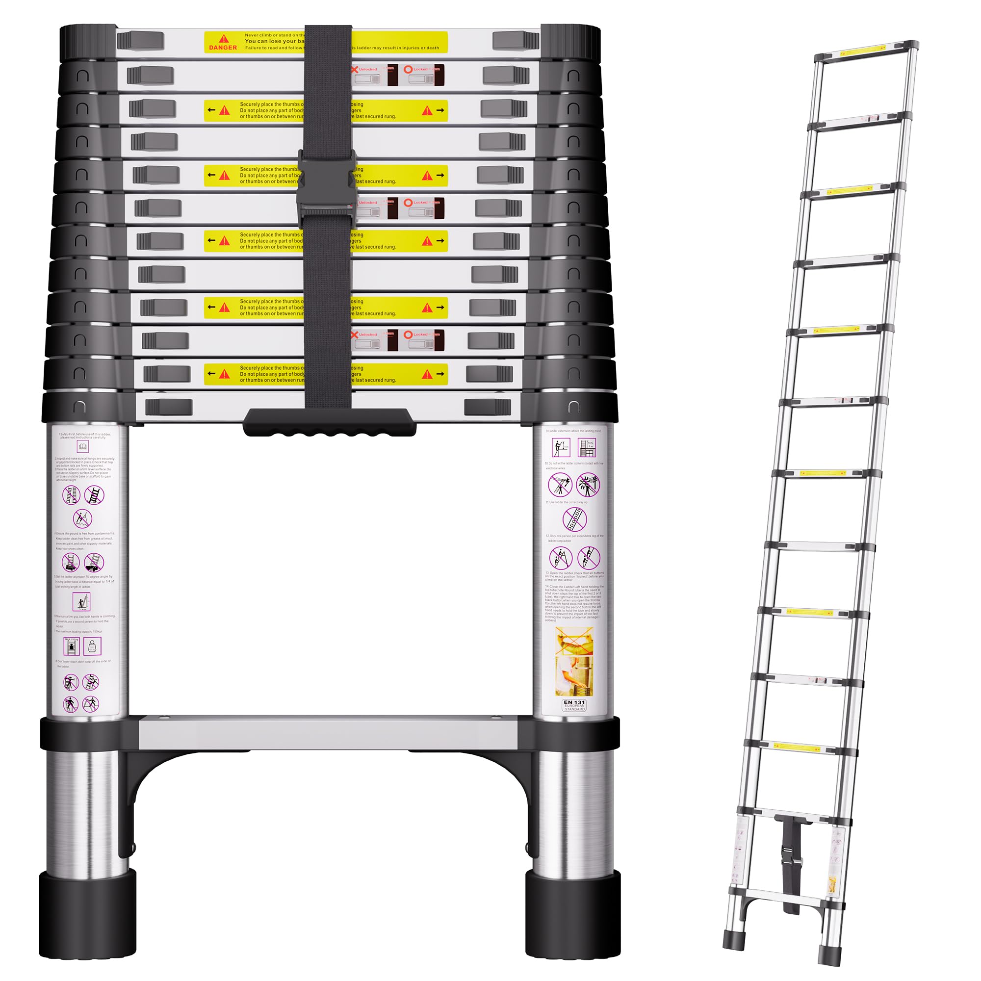 Telescopic Ladder, 3.8M Stainless Steel Loft Ladder with Non-Slip Feet and Triangle Support, Portable Ladders Extendable Thickened High-Strength, Ladders for Roof Attic Caravans — image 1