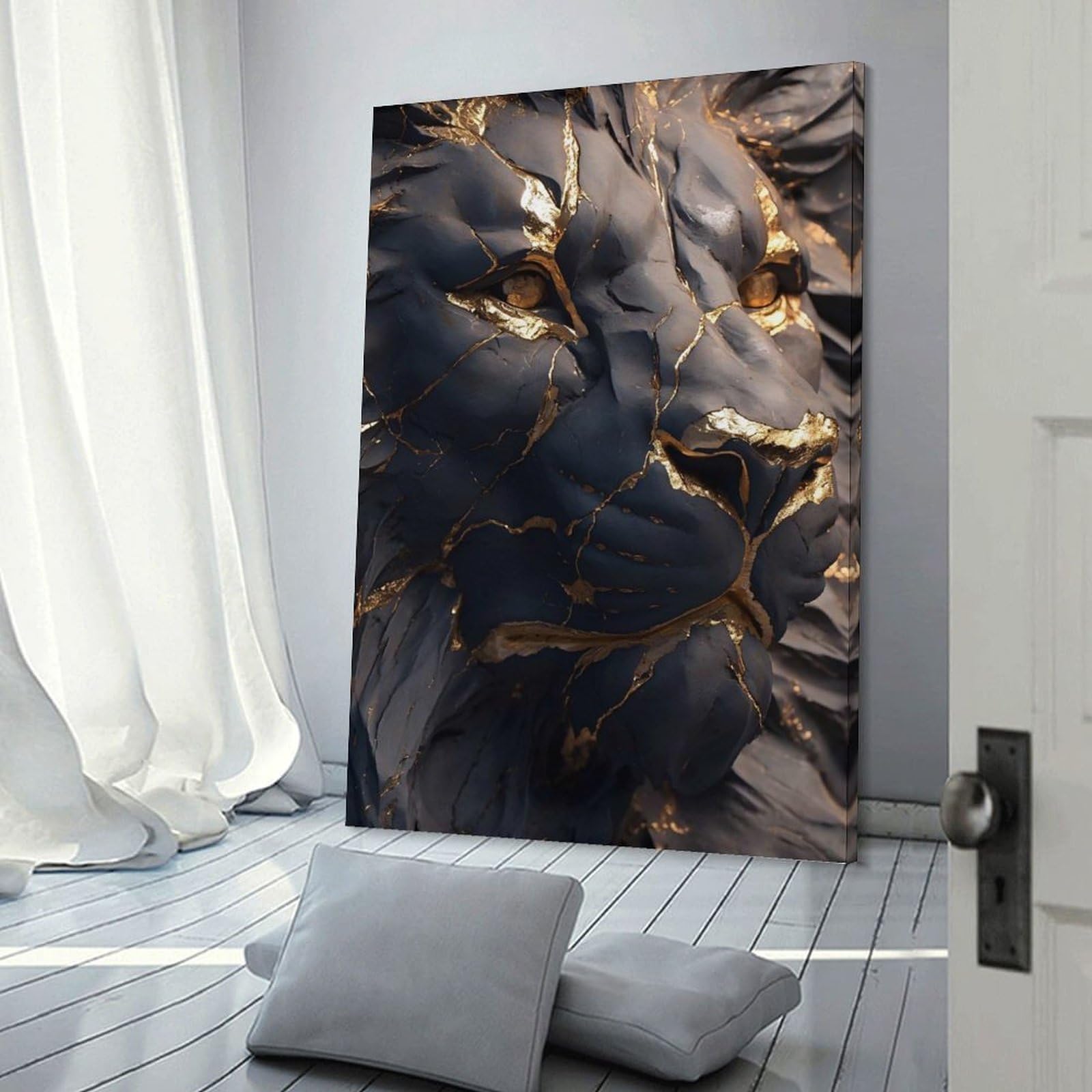 Junmoney Lion Sculpture with Gold Accents Hanging Wall Art 24x36inch(60x90cm), for Gallery Wall Decor And Room Displays, A Versatile Canvas Print for Layering
