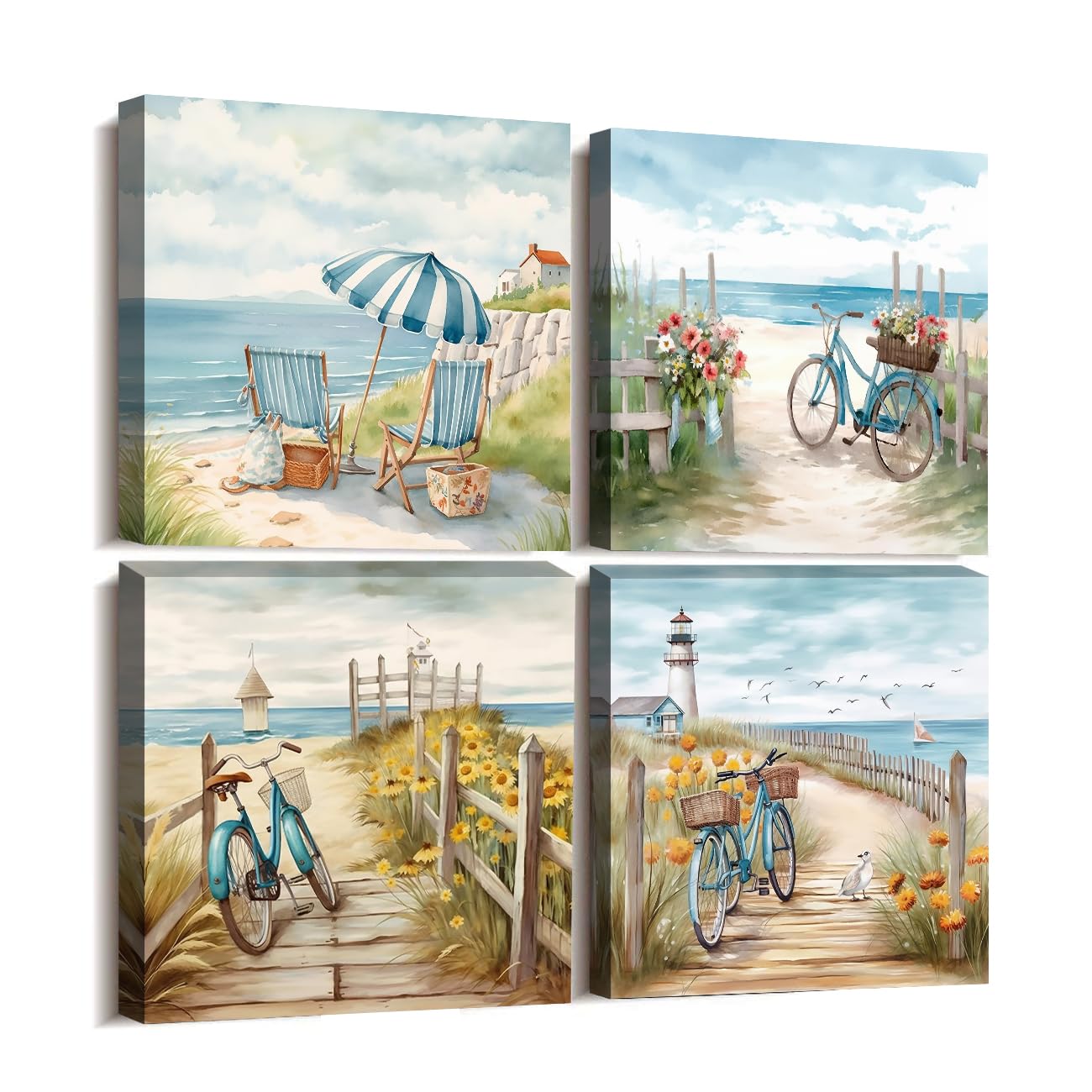 CXHOSTENT 4 Panels Beach Canvas Wall Art Bicycle Fence Floral Pictures Ocean Painting Print Coastal Theme Living Room Decor Frame (Beach - 1, 40x40cmx4Pcs) โ image 1