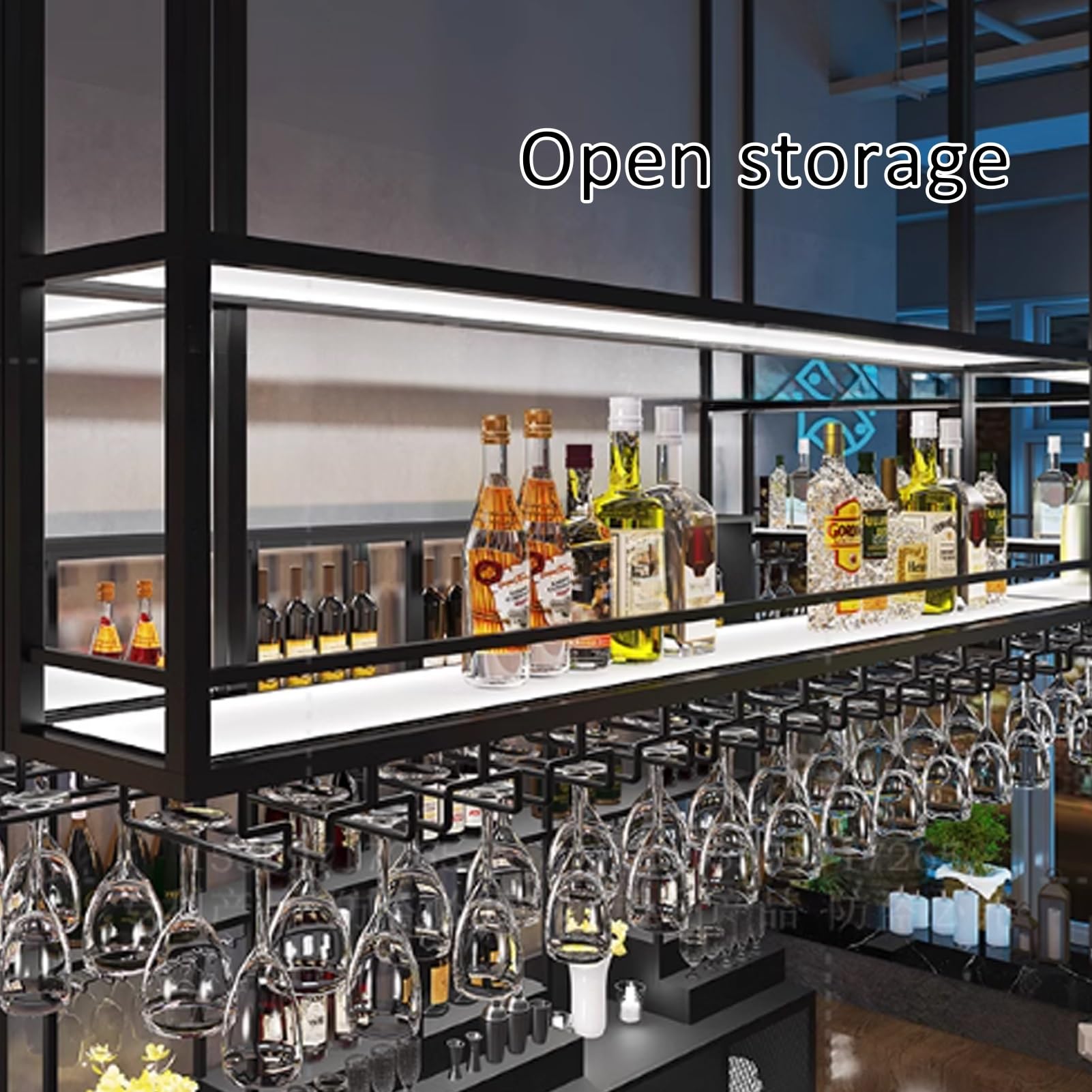 Estante flotante de metal negro montado en la pared con luz LED, soporte multifuncional grande para botellas de licor y copas de vino (300 cm)