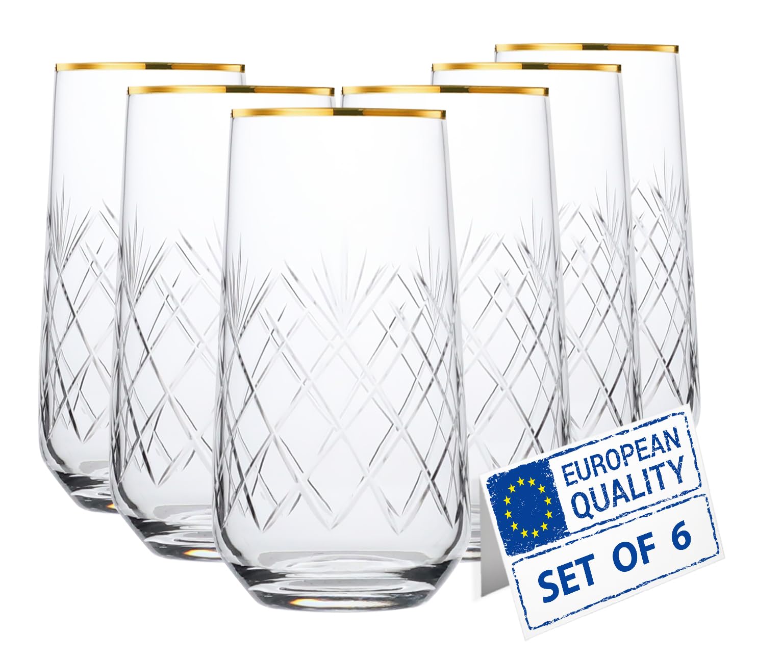 Biandeco Gold Rimmed Glasses Drinking Set of 6 16 oz Handmade Crystal Cut Gold Rim Glass Cups Drinkware