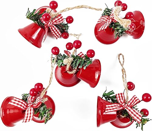 Miniatura 4 de TIHOOD 18 adornos de campanas de Navidad rojas, adorno colgante de árbol de metal cascabeles colgantes para decoración de Navidad