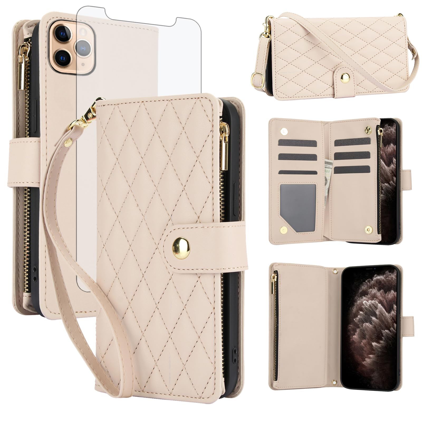 Asuwish Handyhülle für iPhone 11 Pro Hülle mit Band Folie Schutzfolie Kartenfach Klappbar Leder Geldbörse Ständer i-Phone 11ProHülle i 11Pro Handy Hüllen Schutzhülle Reißverschluss Phone Case Weiss