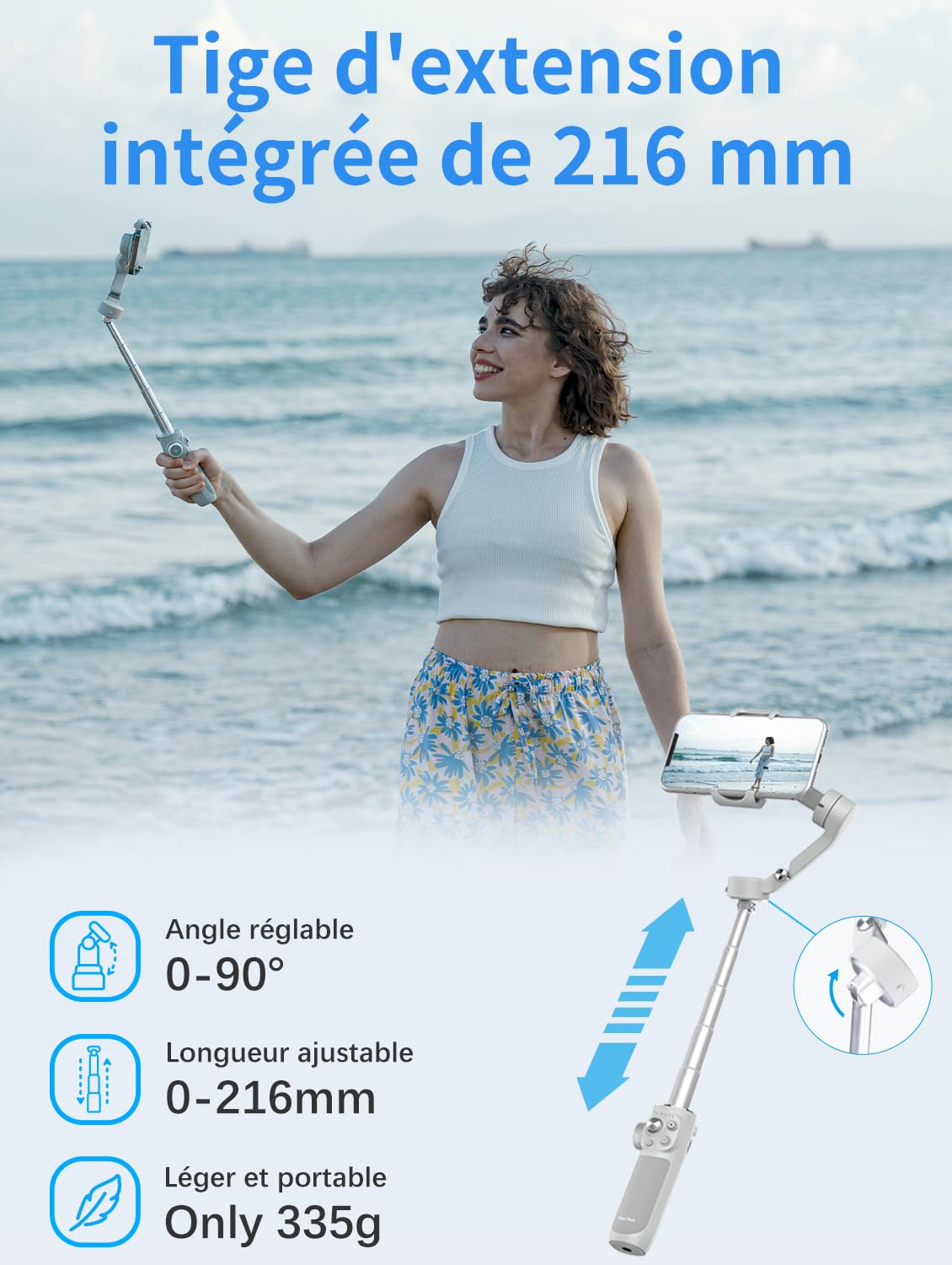 Feiyutech VB4 Kit Stabilisateur Smartphone avec Suivi 3 Axes,Traceur Magnétique AI 2-en-1&Lumière de Remplissage ACC.,Tige d'extension de 216mm,Charge utile de 260g,Stabilisateur pour iPhone/Android