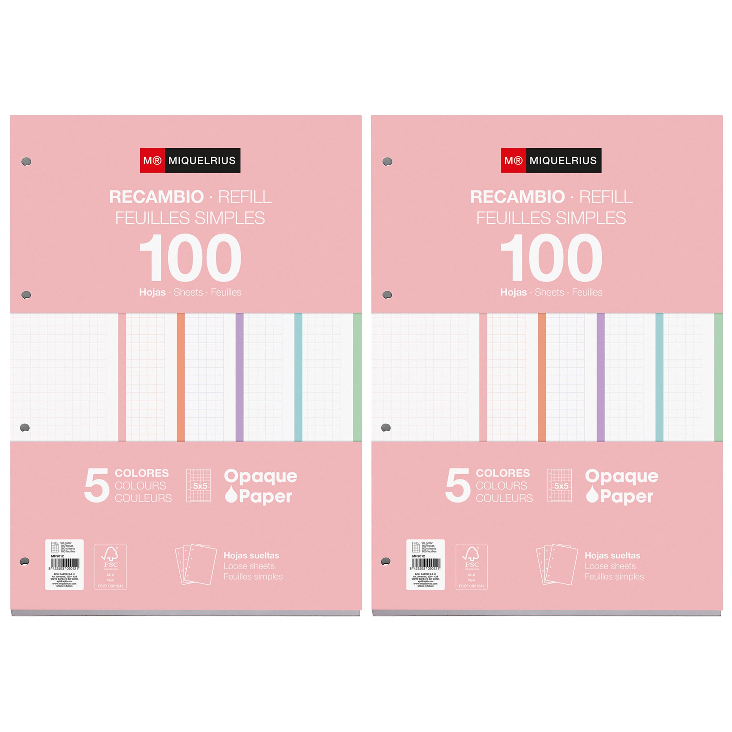 Miquelrius - Refill Pads, 200 Loose Sheets Squared 5 mm, Opaque Paper 90 g/m², Refill A4 Perforated Sheets for Ring Binders or Binders, School Supplies for Back to School