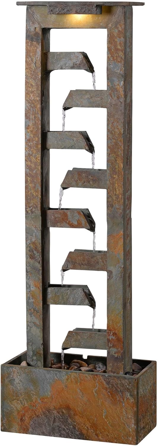 Zigzag Zen 49" High Large Modern Indoor Outdoor Decor Slate Stone Floor Fountain with Light LED Standing Waterfall Tiered Water Feature for Outside Garden Patio Yard Backyard - John Timberland
