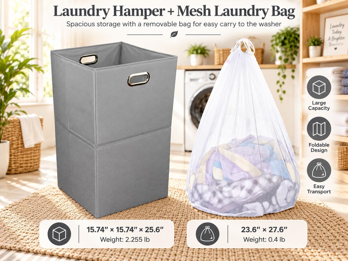 Freegrace Extra Large Laundry Hamper, Foldable Basket with Laundry Bag image 2