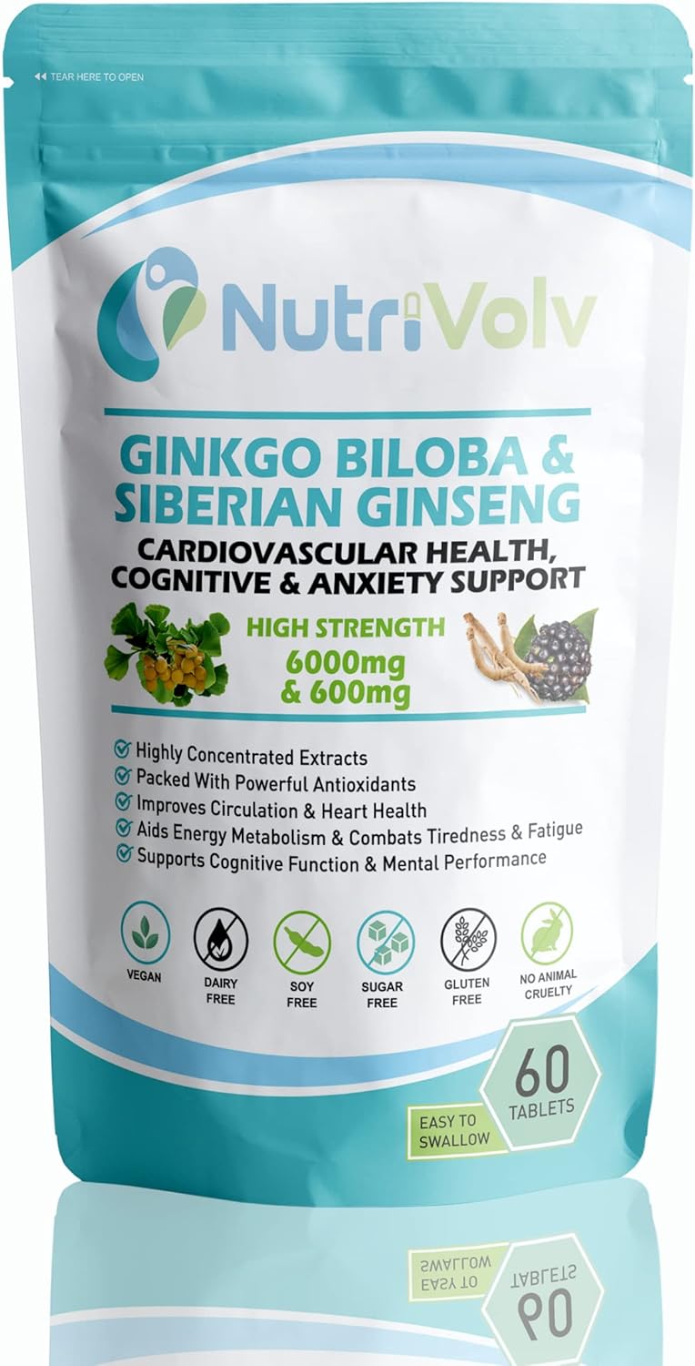 Ginkgo Biloba 6000mg & Siberian Ginseng 600mg Supplements – 60 Tablets – Memory Mental Focus