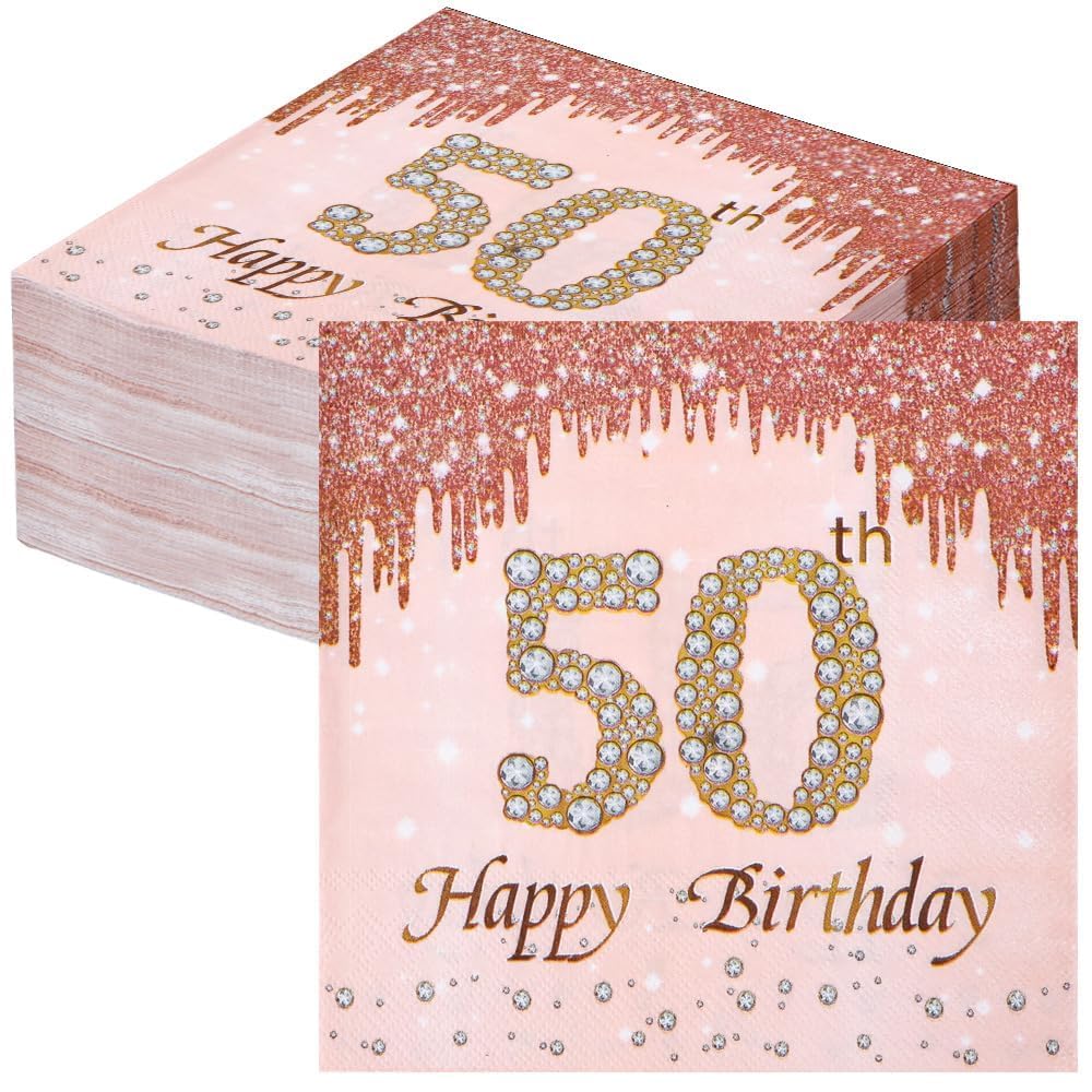50th Birthday Napkins Woman - 60 Pcs 50th Birthday Table Decorations, Pink Napkins, Happy Birthday Serviettes Decorations โ image 1
