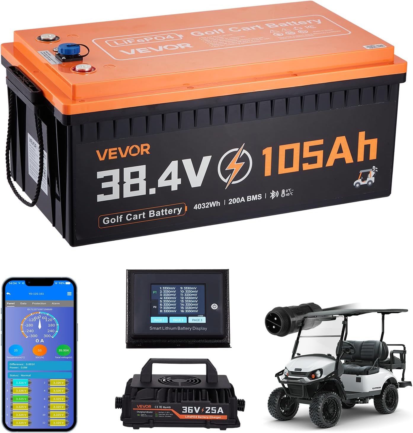 VEVOR 36V (38.4V) 105AH Lithium Golf Cart Battery, with 25A Charger, Lifepo4 Battery Kit, Built-in 200A BMS, with Bluetooth & Touch Monitor, 2C Discharge, 4000 Cycles, for Golf Carts, Trolling Motors