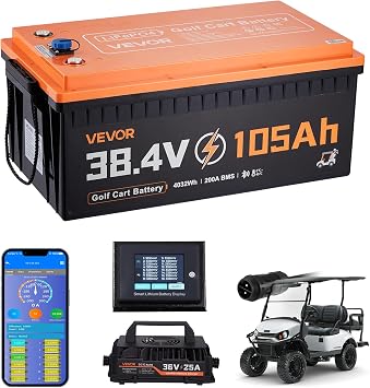 VEVOR 36V 38.4V 105AH Lithium Golf Cart Battery, with 25A Charger, Lifepo4 Battery Kit, Built-in 200A BMS, with Bluetooth & Touch Monitor, 2C Discharge, 4000 Cycles, for Golf Carts, Trolling Motors