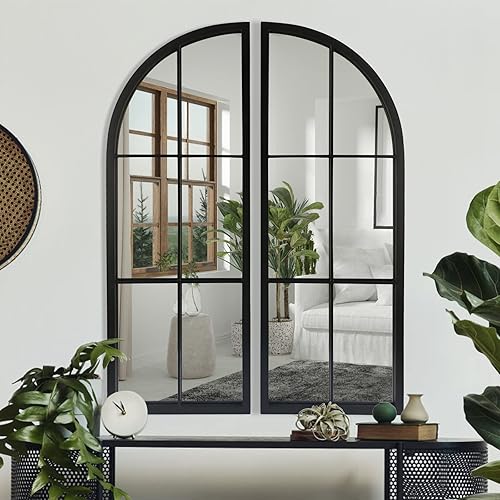 Miniatura 8 de OUSHUAI Juego de 2 Espejos Arqueados Negros, Espejo de Panel de Ventana para Decoración de Pared, Espejos de Pared Estilo Granja Montados en Pared