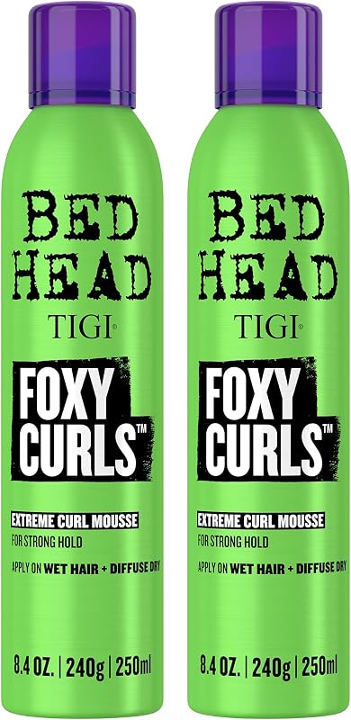 TIGI Bed Head Curl Mousse, Foxy Curls, Extreme Hold 2-Pack – Curl Defining Hair Mousse, Curly Hair Products, Anti-Frizz, Anti-Humidity + Heat Protection, 8.4 Oz Ea
