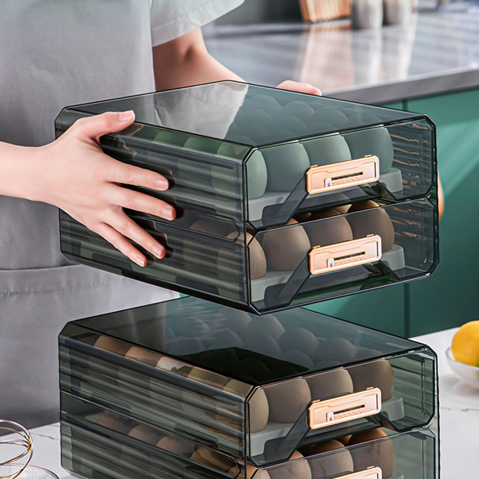 Caja de almacenamiento de huevos Diseño de bandeja Portahuevos Recipiente de alimentos apilable de plástico transparente para refrigerador de cocina