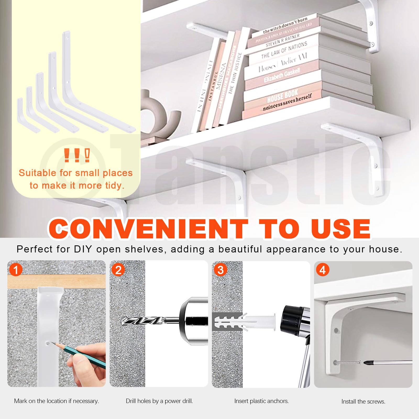 Tanstic 12-Inch L-Shape Shelf Brackets – 4-Pack Heavy Duty Floating Shelf Supports, White Steel Corner Brace With Screws For DIY Shelving