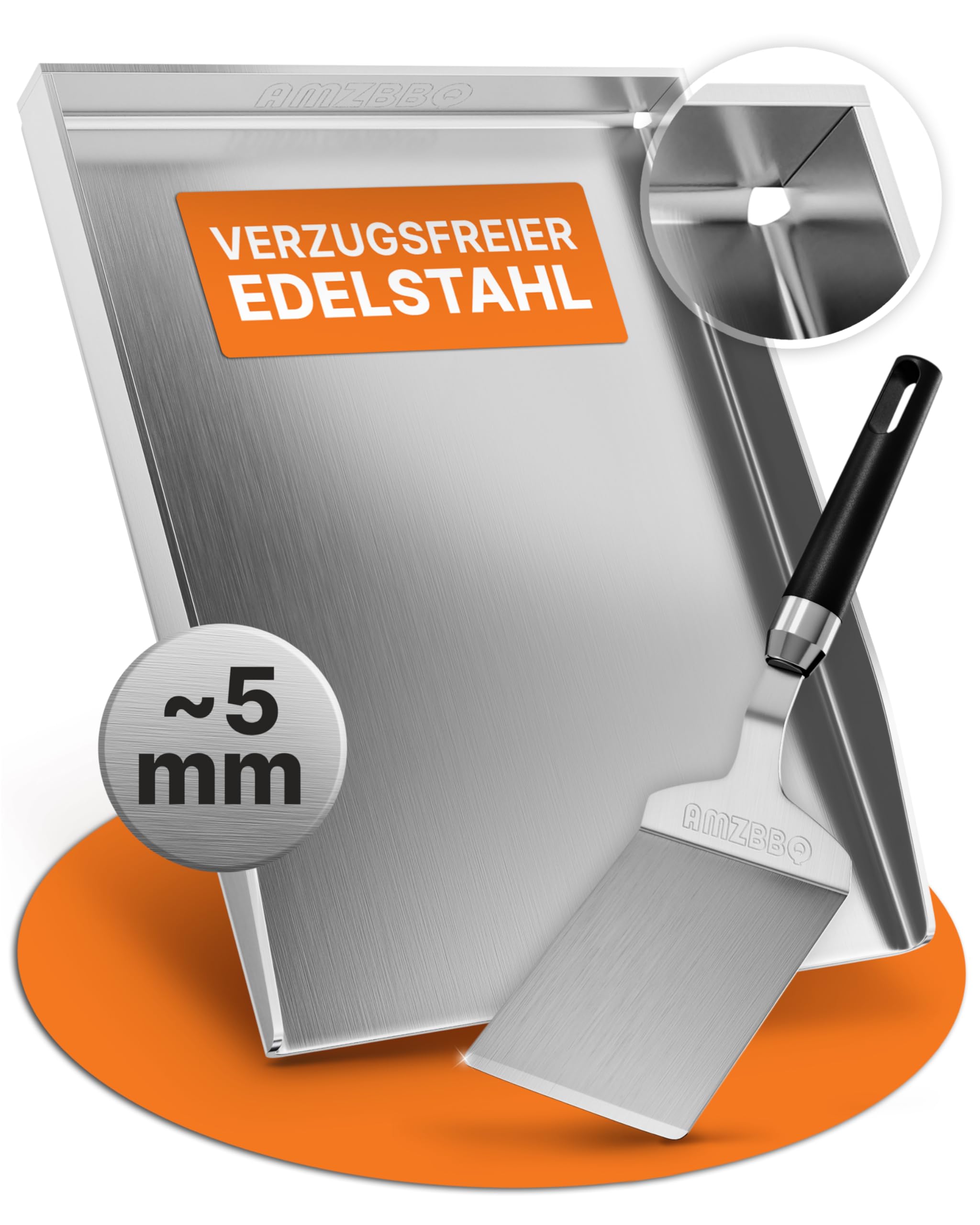 AMZBBQ® Premium Plancha Set - ca. 5 mm massiver Edelstahl - 20% stärker als herkömmliche Planchas - Grillplatte für Gasgrill - inkl. Grillspachtel