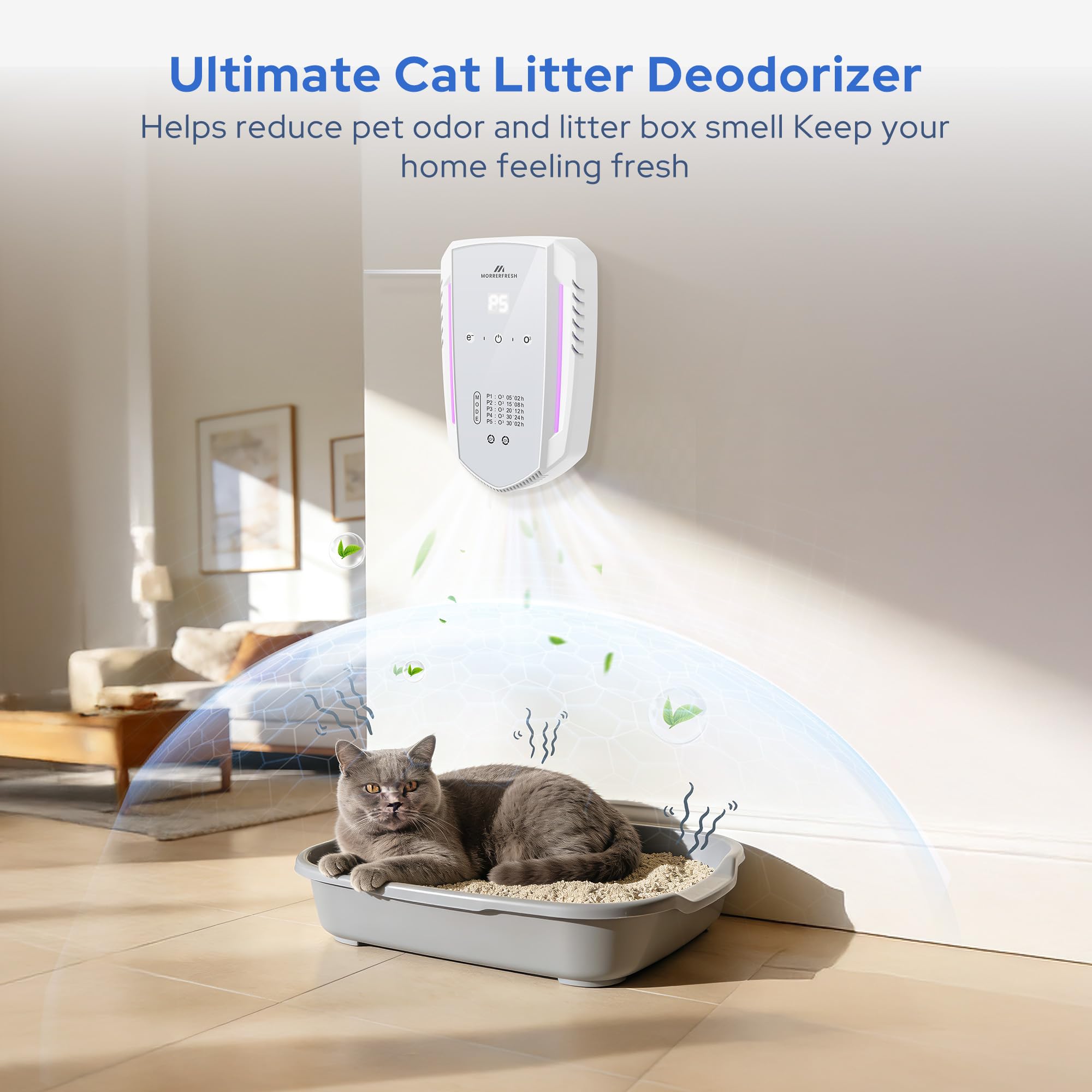 Cat Litter Deodorizer & Ozone Odor Eliminator, Pet Odor Eliminator Air Purifier for Home, Plug-in Litter Box Deodorizer for Strong Cat Urine & Poop Smell, 5 Modes for Cat Room, Kitchen