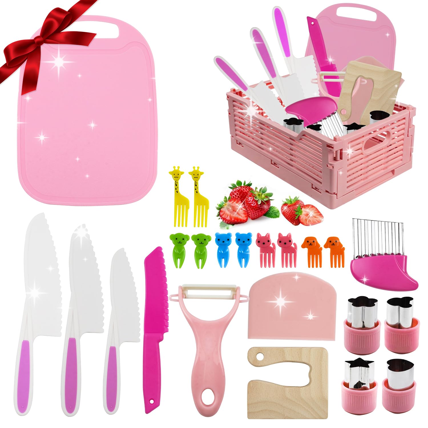 24PCS Kids kitchen knife Set for Chopping Mini Toddler Cutting Set with Knife,Foldable Storage Box,Crinkle Cutter,Cookie Cutters and more for Boys and Girls