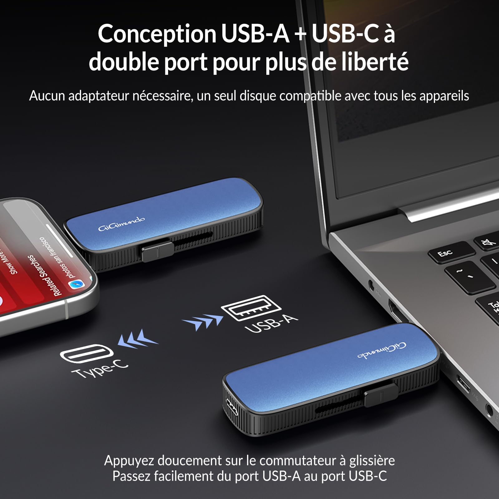 GiGimundo SSD Externe 128Go, Portable SSD Cle USB 3.2 Gen 2 Jusqu'à 1073 Mo/s, Double Ports & Design Push-Pull, USB-C + USB 3.2 External Solid State Drive pour iPhone 15/16/17, Android, Mac et Plus