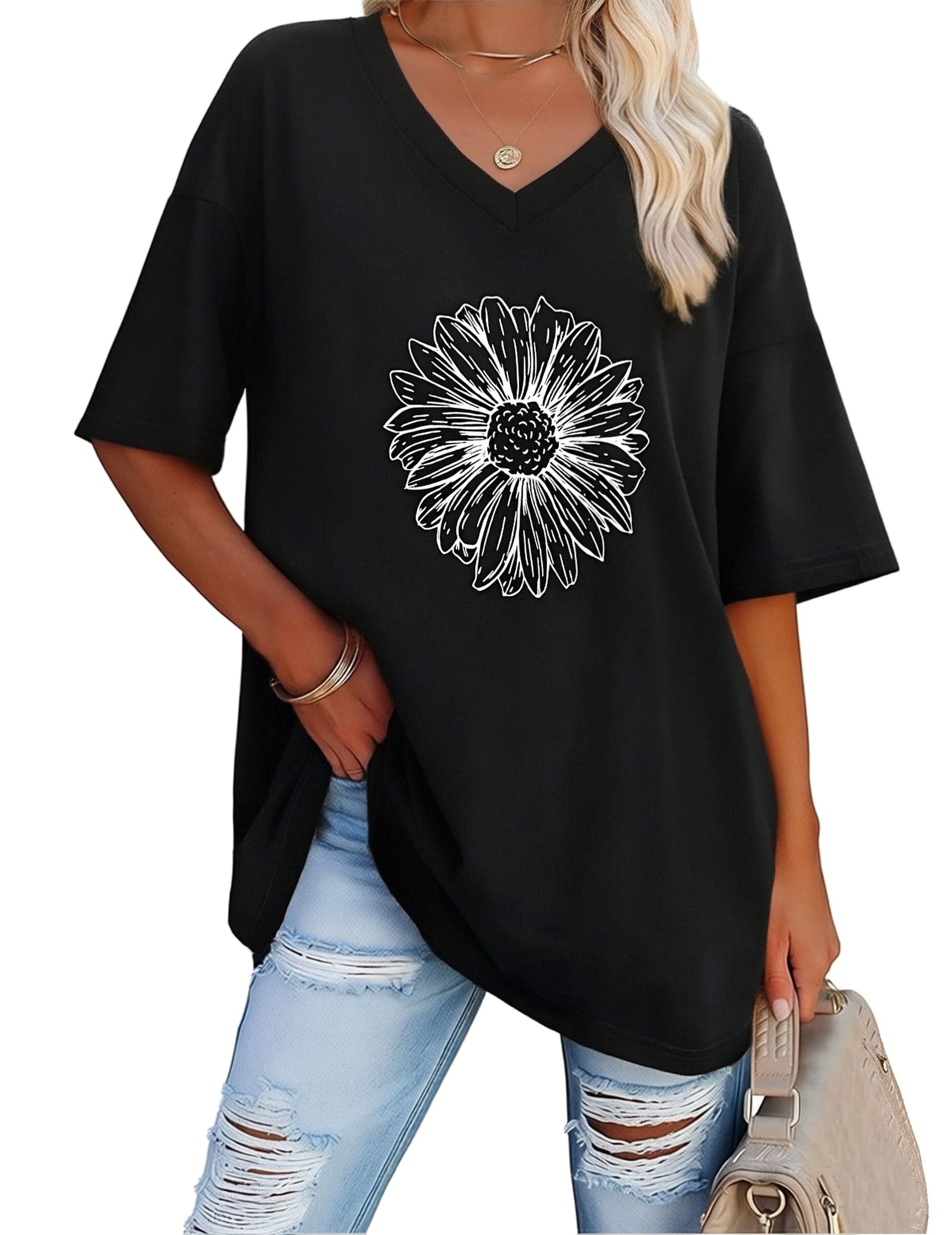 Litherday Camiseta de Mujer Verano Manga Corta con Cuello en V Estampada Top Suelto Casual para Uso Diario