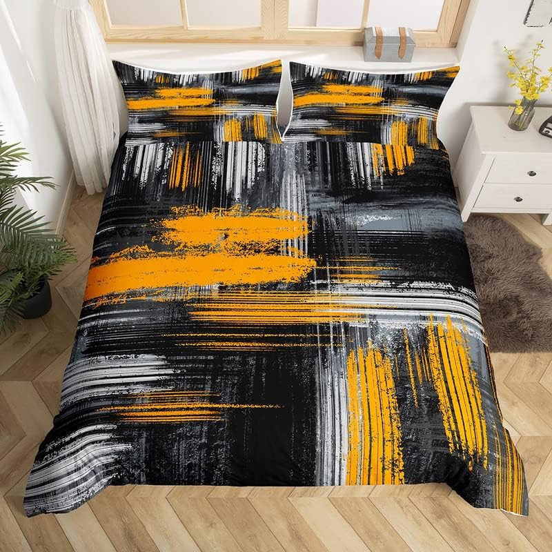 Feelyou Yellow Black and Grey Comforter Cover Geometric Artistic Smear Bedding Set Abstract Graffiti Art Duvet Cover Contemporary Modern Brush Design Bedspread Cover Room Decor Bedclothes Tw
