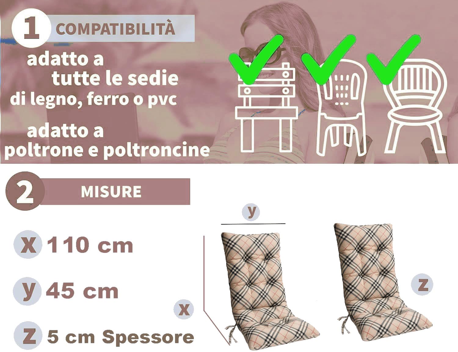 HAND Cuscino Ricambio per Poltrona Relax Harmony – Cuscino Sedia Sdraio 110x45x5 cm – Imbottito, con Elastico e Laccetti – Compatibile Sedie Legno Ferro PVC – Fantasia Beige Scozzese