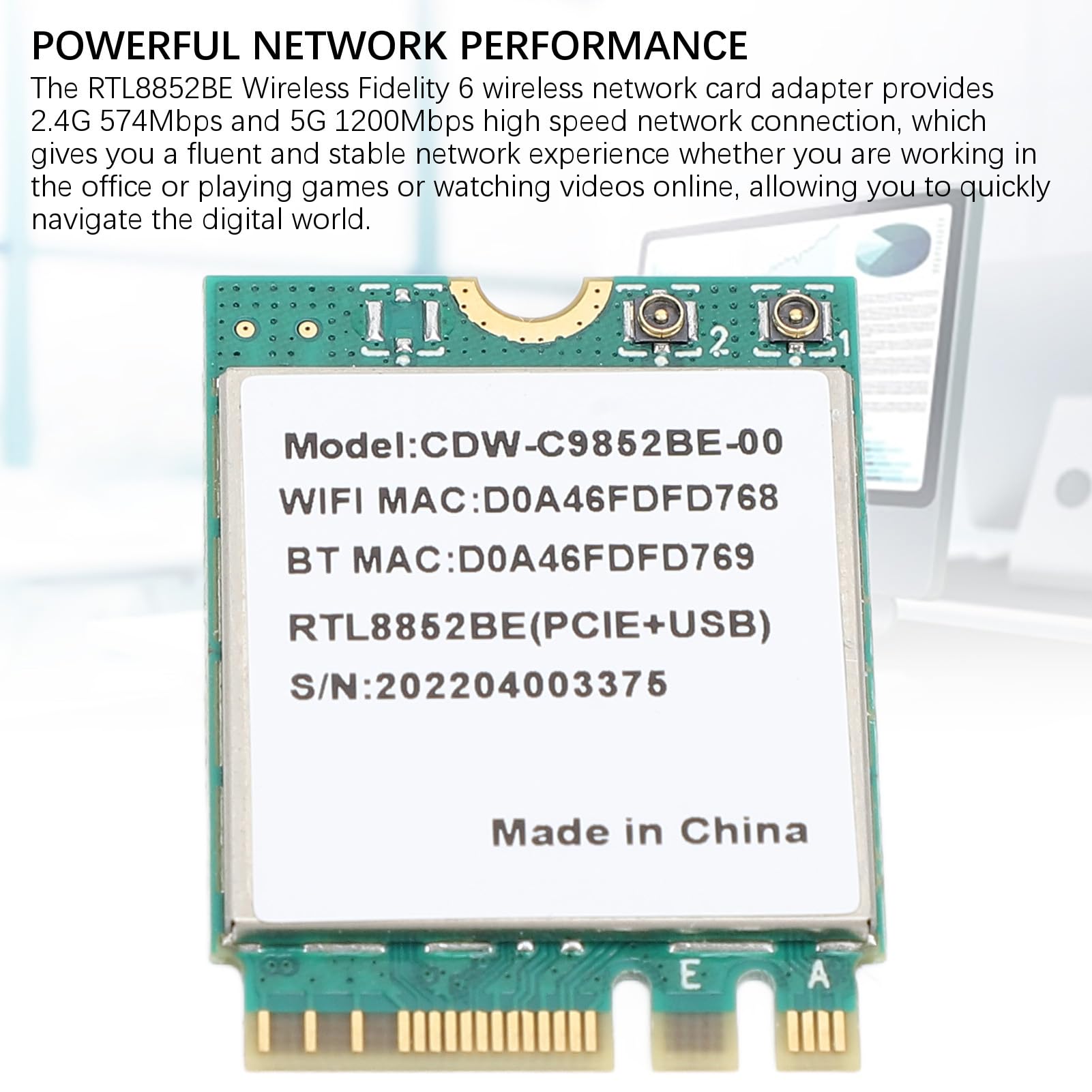 RTL8852BE Card 5.2 1800Mbps Supports MU MIMO Band M.2 Adapter for Laptop PC Home Office