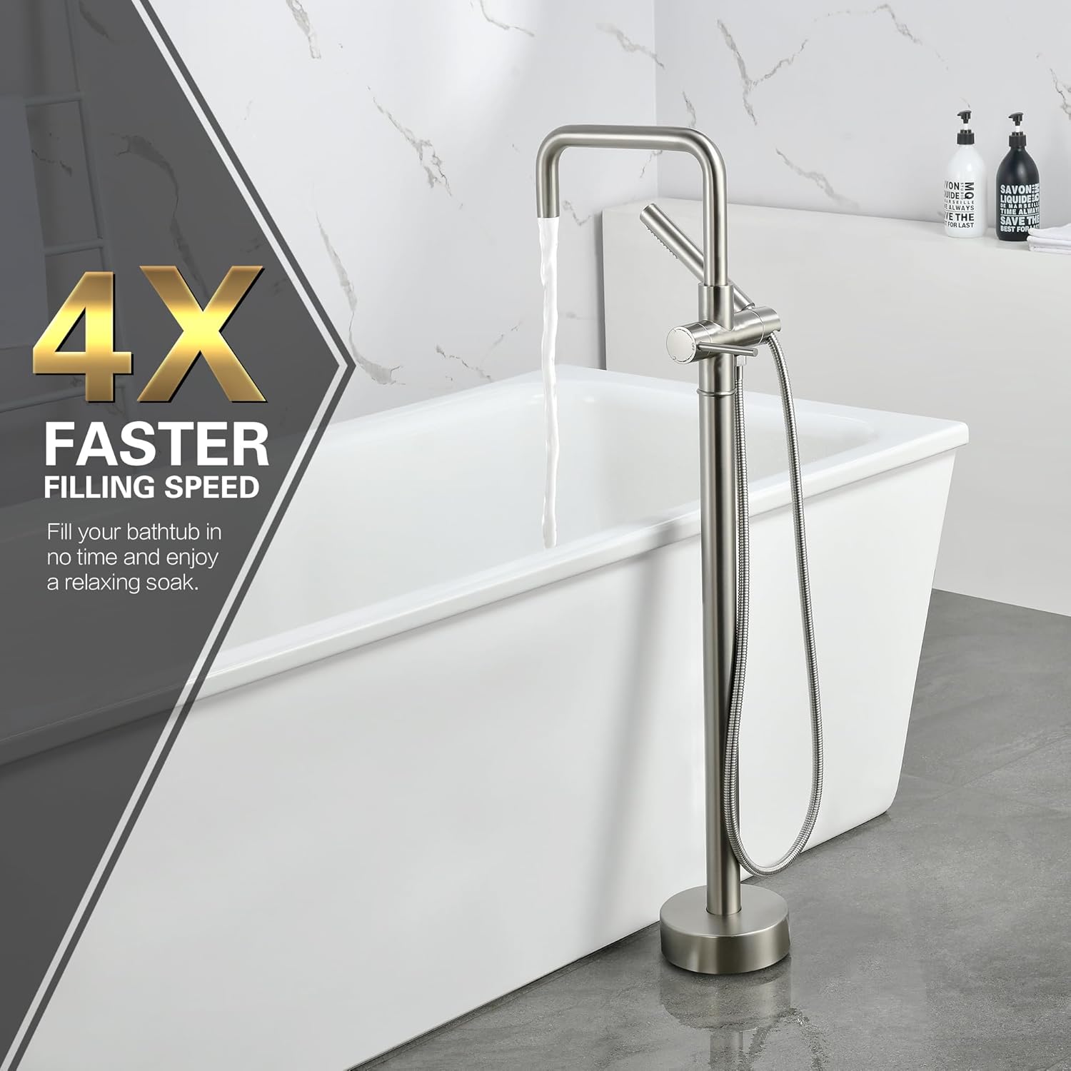 sumerain Modern Floor Mount Bathtub Faucet with Hand Shower, Brushed Nickel Freestanding Tub Faucet High Flow