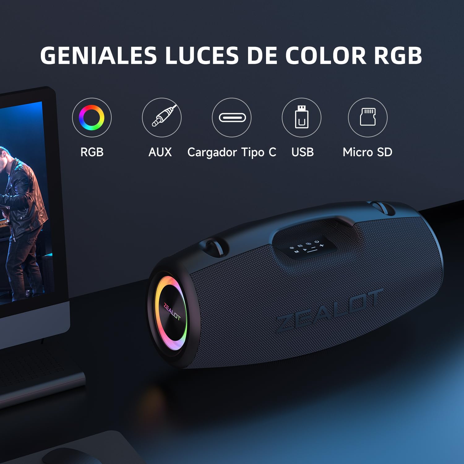Zealot Altavoz Bluetooth Grande 120W con Luz LED, Altavoz Exterior Inalámbrico, Autonomía de 40 Horas, Bluetooth 5.2 y IPX6 Impermeable, Sonido Estéreo para Fiesta, Entrada USB/AUX/TF