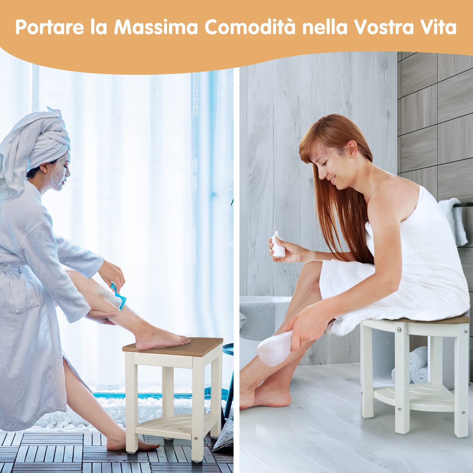 COSTWAY Sgabello Doccia, Sedia da Bagno Angolare in Polietilene con Ripiano, Sedile Multiuso a 2 Livelli per Uso Interno o Esterno, 32,5x32,5x43,5 cm, Capacità di Peso 150 kg (Marrone)