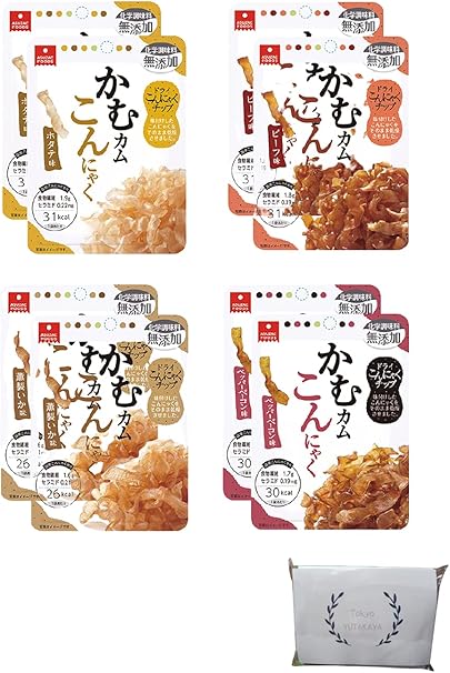 Amazon かむカムこんにゃく ホタテ味 燻製いか味 ビーフ味 ペッパーベーコン味 10g 各2袋 計8袋 おつまみ ヘルシー 低カロリー ダイエット オリジナルペーパータオル 4枚重ね8枚入 Tokyo Yutakaya おつまみ 珍味 通販