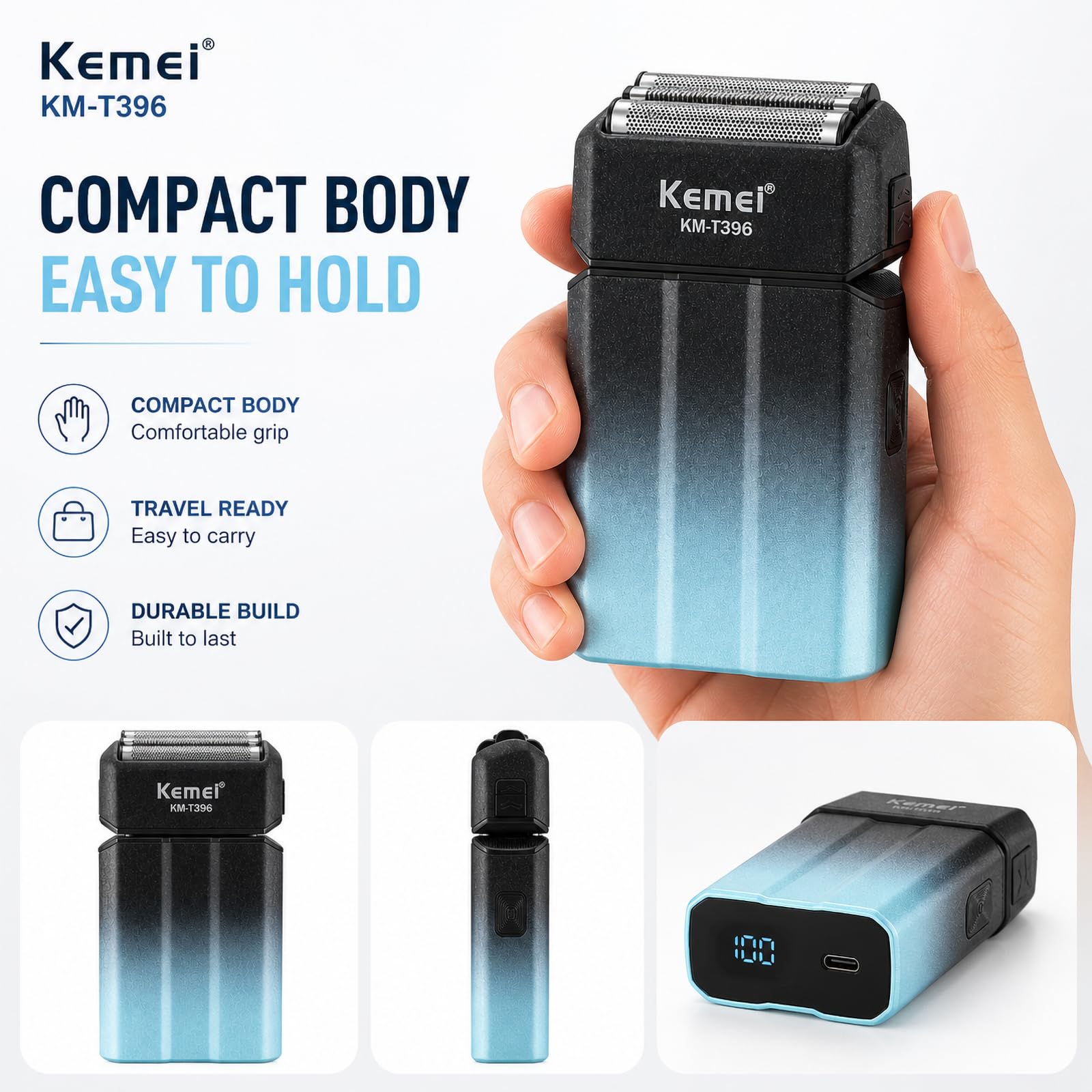 Kemei KM-T396 - Rasoio elettrico da uomo, con 3 lame galleggianti, 7500 giri/min, ricaricabile, senza fili, tipo C, durata 120 minuti, display a LED, blocco da viaggio, blu