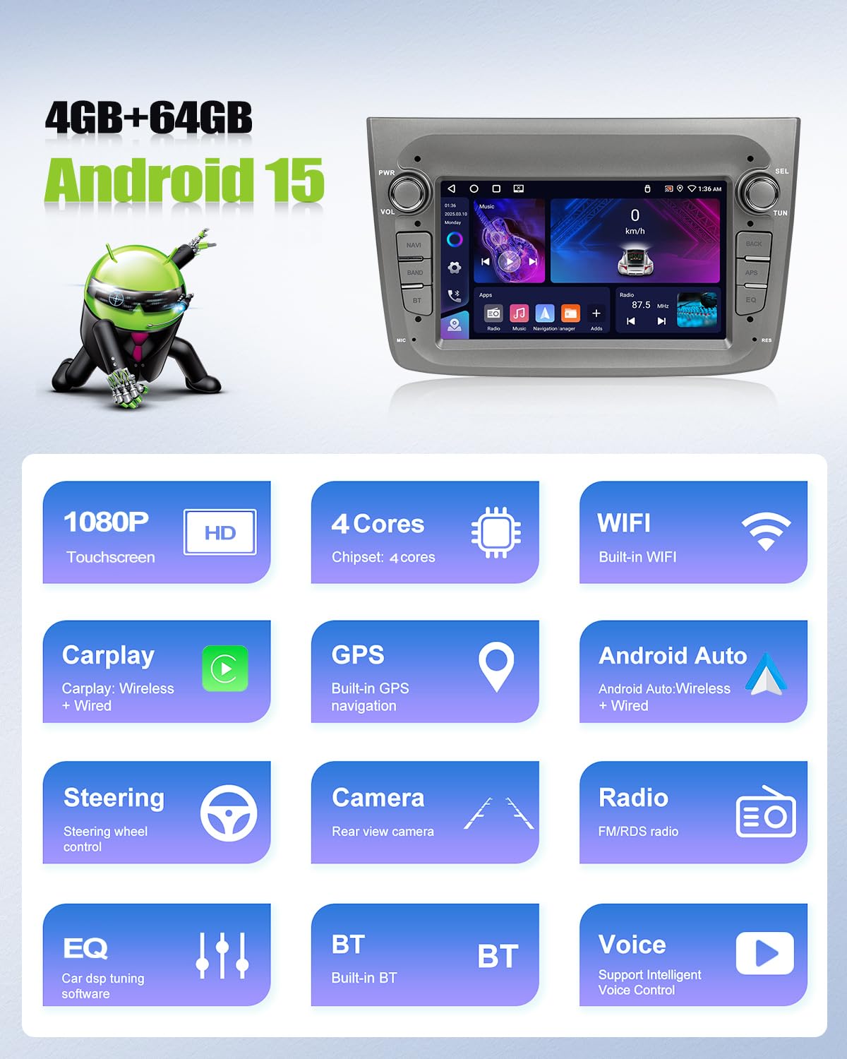 CAMECHO [4+64 GB] odtwarzacz samochodowy z systemem Android 15 dla Alfa Romeo Mito (2008–2016) z bezprzewodowym Android Auto i CarPlay nawigacją ekran dotykowy 7 cali Bluetooth WiFi FM/RDS EQ