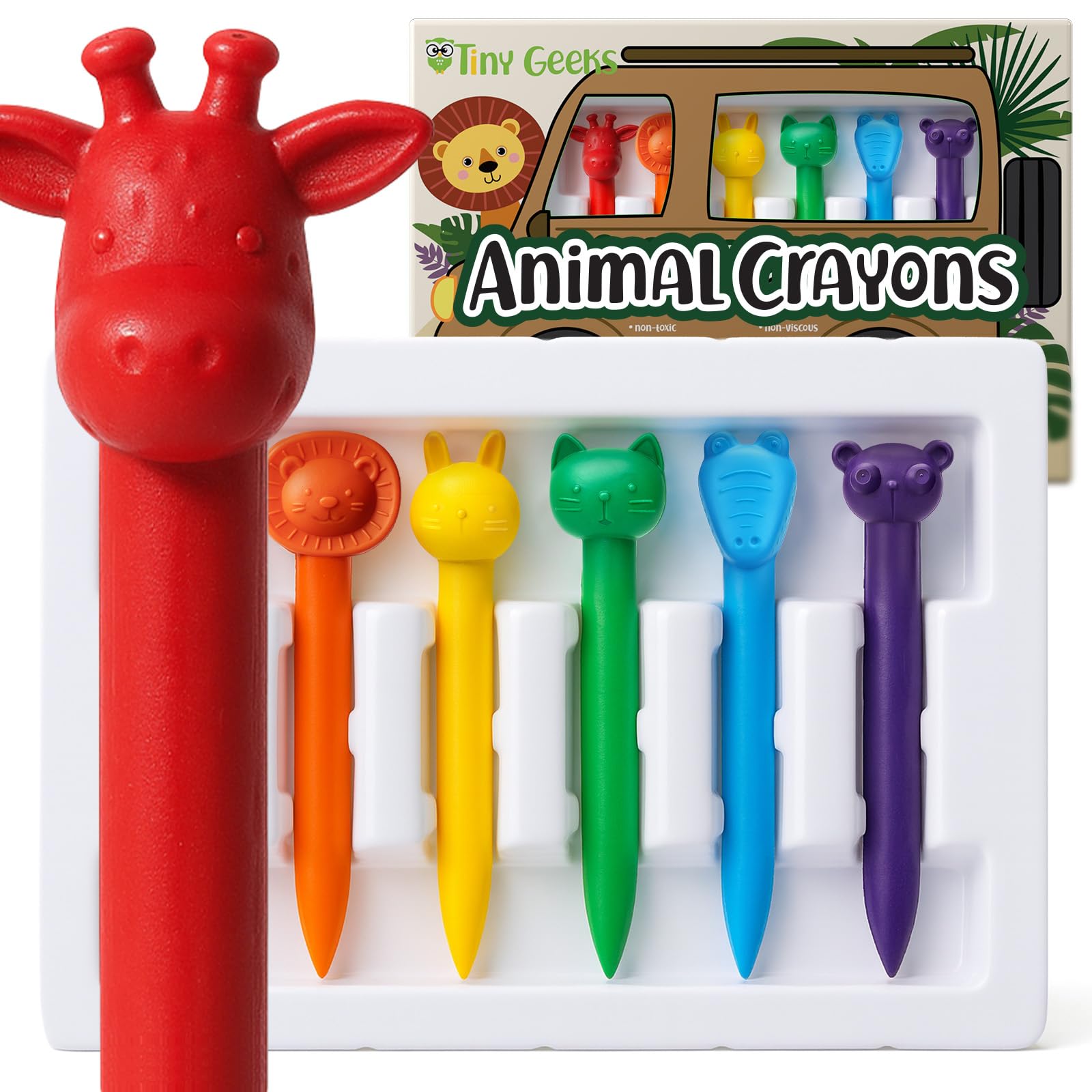 TinyGeeks 6 Animal Shaped Crayons - Non Toxic Crayons for Toddlers - Washable - Perfect for Kids Ages 4-8 - Easy To Hold - Enjoy your Little Safari